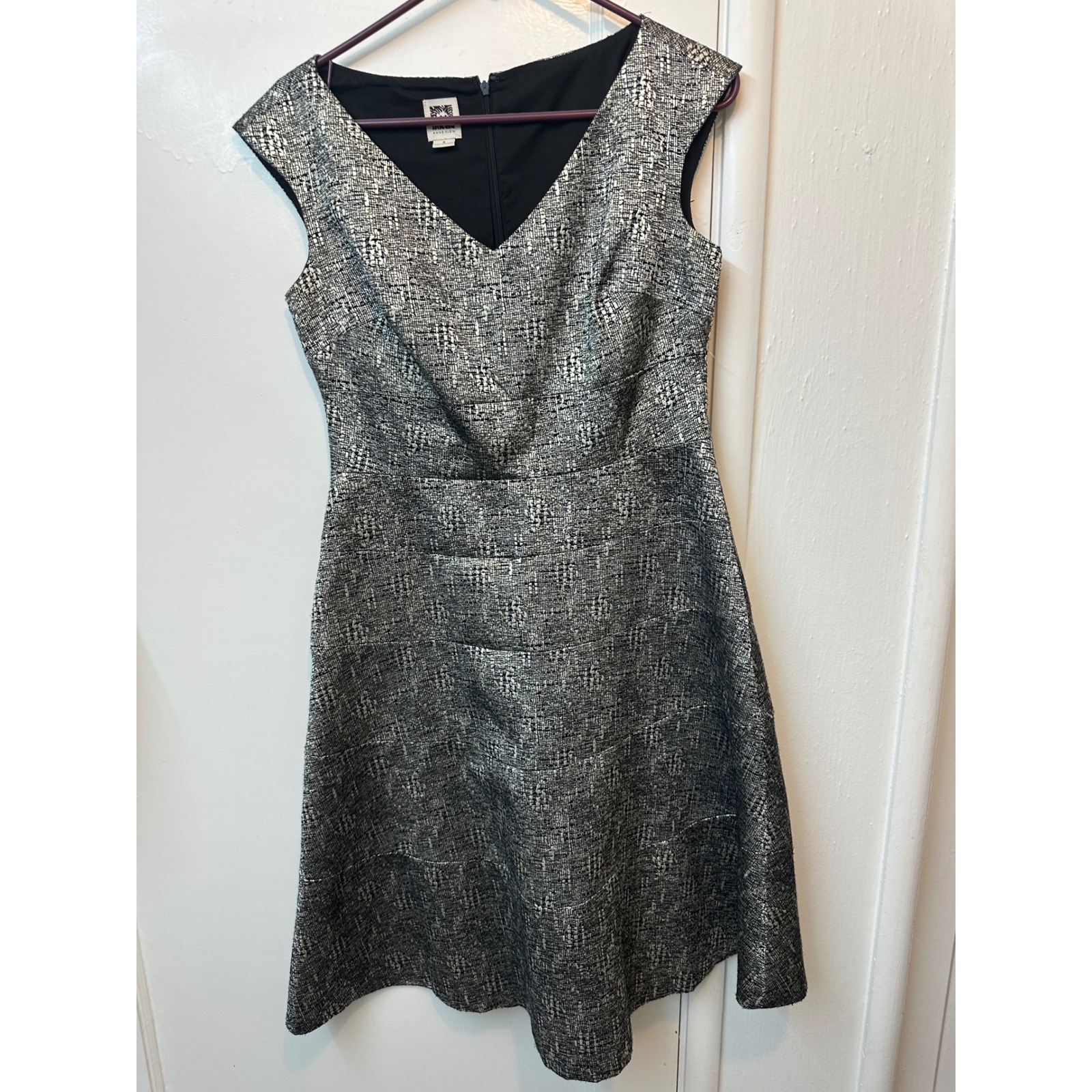 Anne Klein Silver Black Metallic Tweed V-Neck Fit Flare Dress Cap Sleeve 4